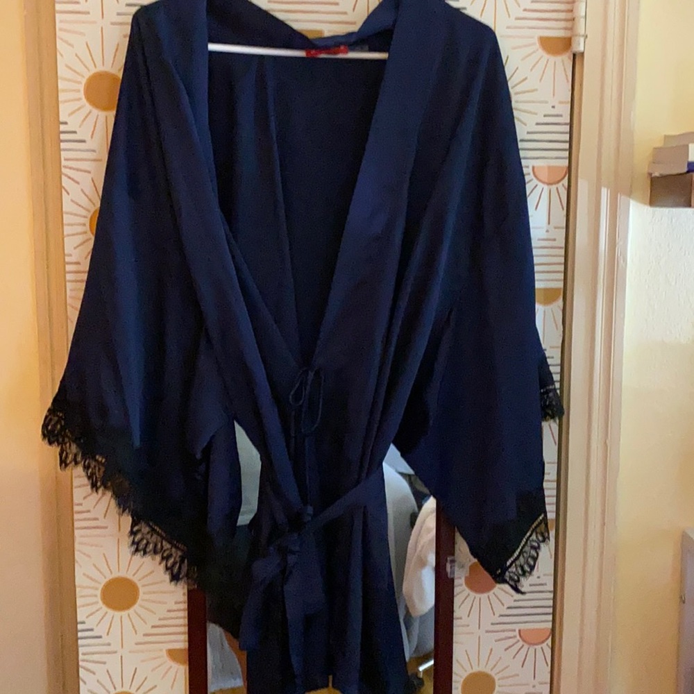 Navy blue robe with black lace sleeve details